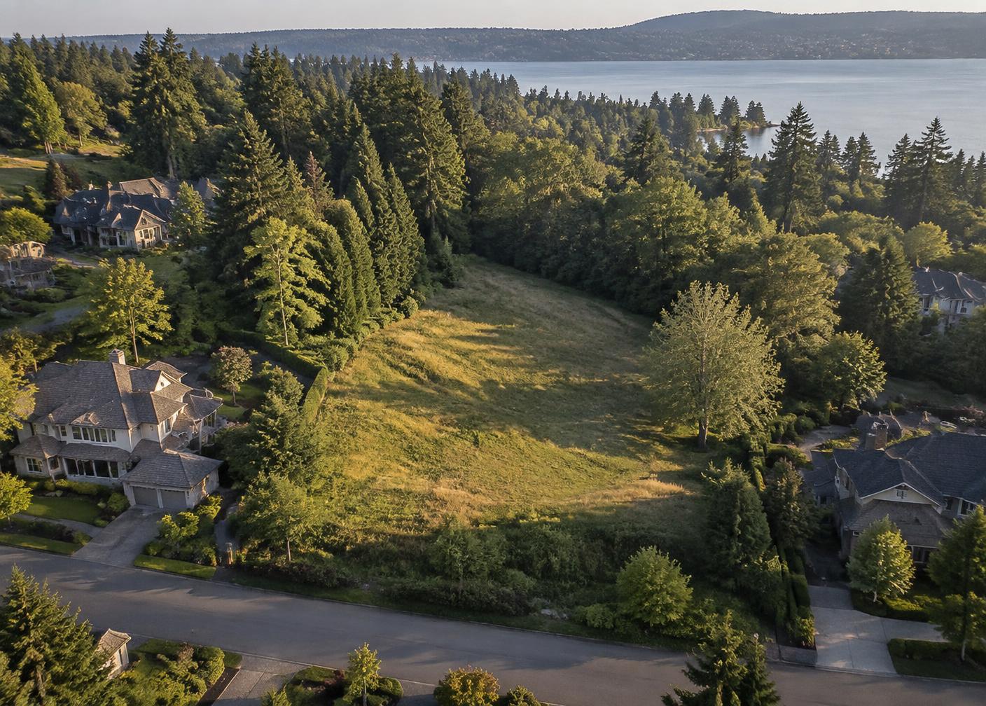 Residential land bordered by mature trees and neighboring homes