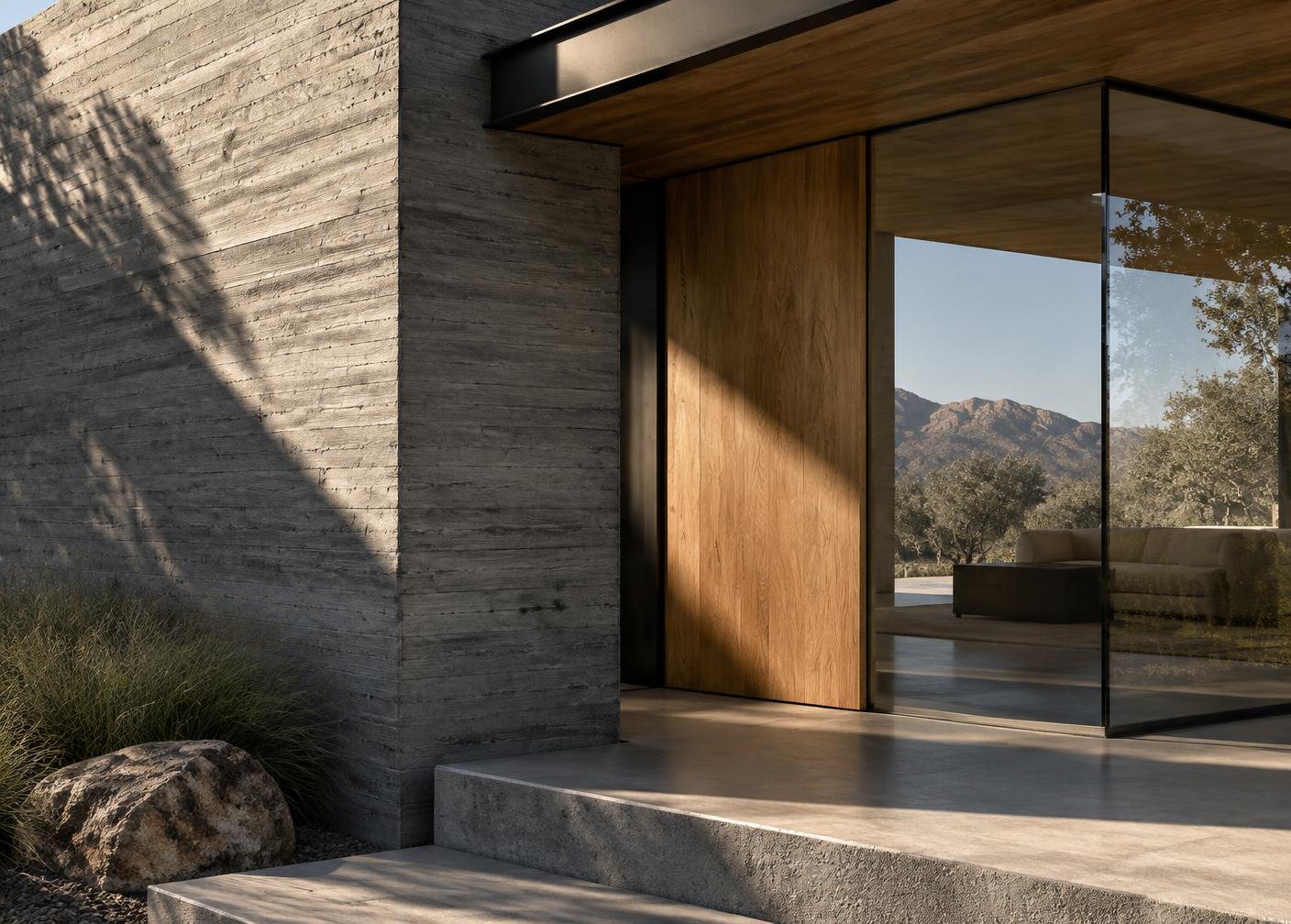 Concrete, wood, and glass detail of a contemporary residence