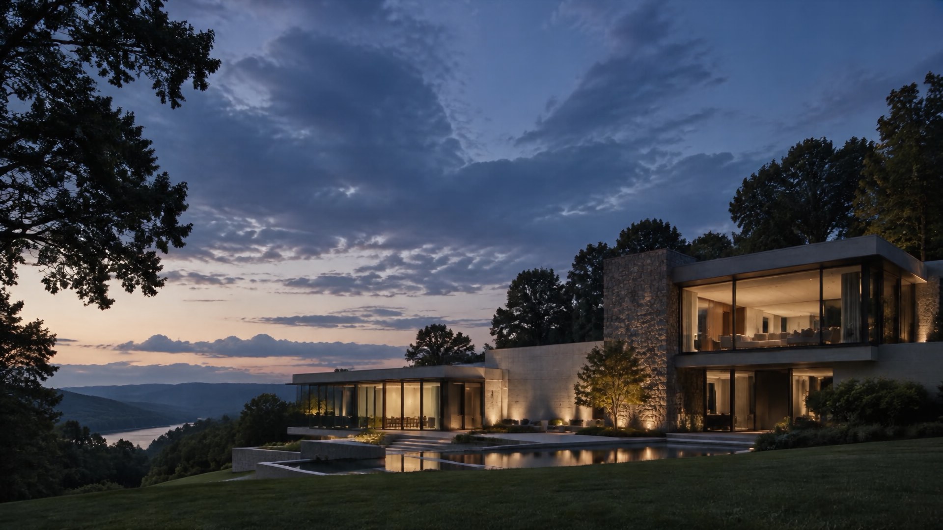 Contemporary residence overlooking a wooded landscape at dusk