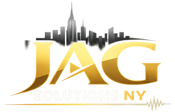 JAG Solutions NY logo: gold JAG initials beneath a New York City skyline, finished with a heartbeat line